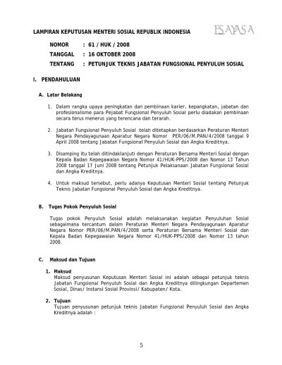 NOMOR : 61 / HUK / 2008 TANGGAL : 16 OKTOBER 2008 TENTANG : PETUNJUK TEKNIS JABATAN  FUNGSIONAL PENYULUH SOSIAL