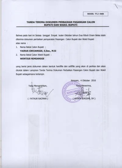A tidak a penandatangan surat dukungan oleh pejabat bkpm ya penomoran surat dukungan surat dukungan persyaratan : Tanda Terima Dokumen Perbaikan Pasangan Calon Bupati Dan Wakil Bupati