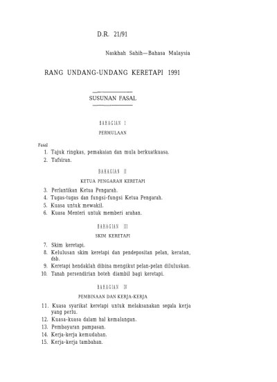 Senarai ahli majlis mesyuarat kerajaan; D R 21 91 Rang Undang Undang Keretapi Naskhah Sahih Bahasa Malaysia Susunan Fasal Bahagian
