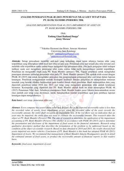 Contoh aset tetap antara lain adalah properti, bangunan, pabrik,. Top Pdf Analisis Penerapan Psak 48 2015 Penurunan Nilai Aset Tetap Pada Pt Bank Mandiri Persero Tbk 123dok Com