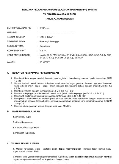 Rpph tema binatang usia 4 5 tahun semester 1 kurikulum 2013 ini merupakan link rpph paud tk terkait . Rencana Pelaksanaan Pembelajaran Harian Rpph Daring Tk Dharma Wanita 01 Tugu Tahun Ajaran 2020 2021
