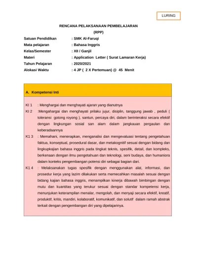 Selain itu, postingan ini merupakan . Application Letter Surat Lamaran Kerja Tahun Pelajaran 2020 2021 4 Jp 2 X 45 Menit