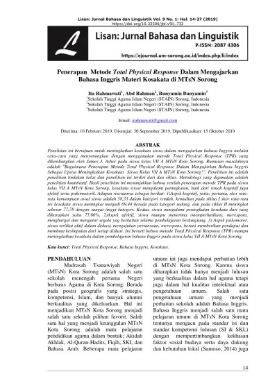 Ini berarti bahwa metode total physical response (tpr) mampu meningkatkan kosakata dalam pembelajaran bahasa inggris pada siswa kelas vii a mtsn kota sorong . Top Pdf Penerapan Metode Total Physical Response Dalam Mengajarkan Bahasa Inggris Materi Kosakata Di Mtsn Sorong 123dok Com