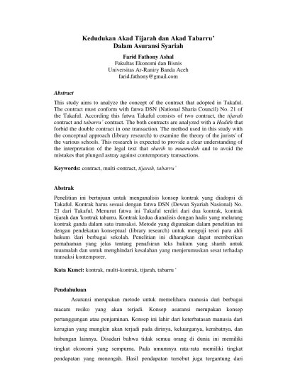 Di indonesia, wacana pendirian asuransi syariah . Top Pdf Kedudukan Akad Tijarah Dan Akad Tabarru Dalam Asuransi Syariah 123dok Com
