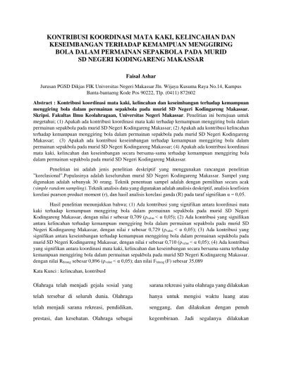 PENGARUH MODEL LATIHAN DAN KOORDINASI MATA KAKI TERHADAP KEMAMPUAN MENGGIRING  BOLA PADA PERMAINAN SEPAKBOLA