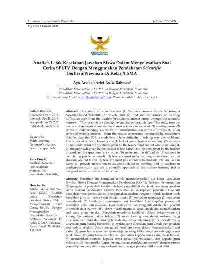 Apabila dituliskan di dalam bentuk ke persamaan maka hasilnya adalah sebagai berikut : Top Pdf Analisis Letak Kesalahan Jawaban Siswa Dalam Menyelesaikan Soal Cerita Spltv Dengan Menggunakan Pendekatan Scientific Berbasis Newman Di Kelas X Sma 123dok Com