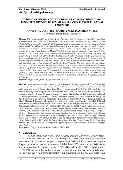 Hubungan Tingkat Depresi dengan Kualitas Hidup pada Penderita Hiv/aids di  Rumah Sakit Santa Elisabeth Batam Tahun 2018