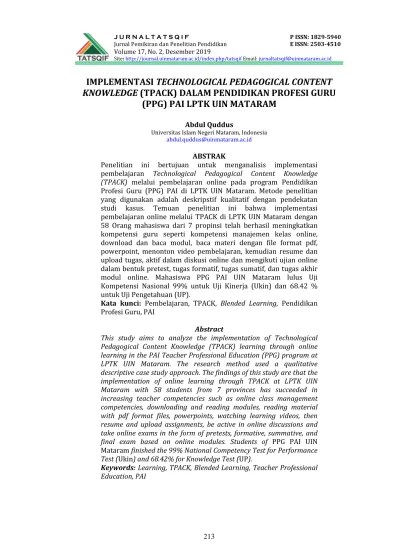 Misal guru smp dan sd bisa memilih formasi dalam satu kabupaten,. Implementasi Technological Pedagogical Content Knowledge Tpack Dalam Pendidikan Profesi Guru Ppg Pai Lptk Uin Mataram