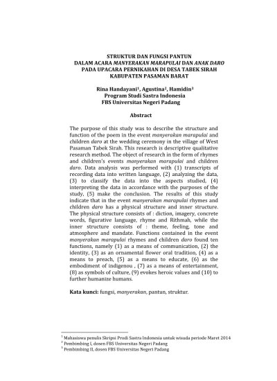 Malam bainai (lirik lagu minang beserta artinya bahasa indonesia). Struktur Dan Fungsi Pantun Dalam Acara Manyerakan Marapulai Dan Anak Daro Pada Upacara Pernikahan Di Desa Tabek Sirah Kabupaten Pasaman Barat