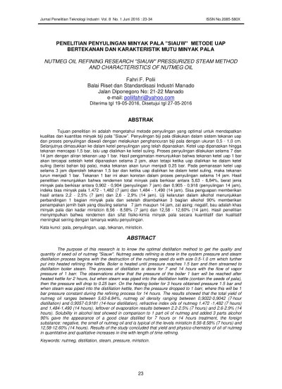 Top PDF Penelitian Penyulingan Minyak Pala ”Siauw” Metode Uap Bertekanan  dan Karakteristik Mutu Minyak Pala - 123dok.com