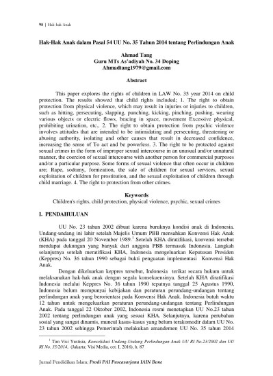 Tiap warga negaranya, termasuk perlindungan terhadap hak anak yang merupakan hak asasi manusia. Hak Hak Anak Dalam Pasal 54 Uu No 35 Tahun 2014 Tentang Perlindungan Anak