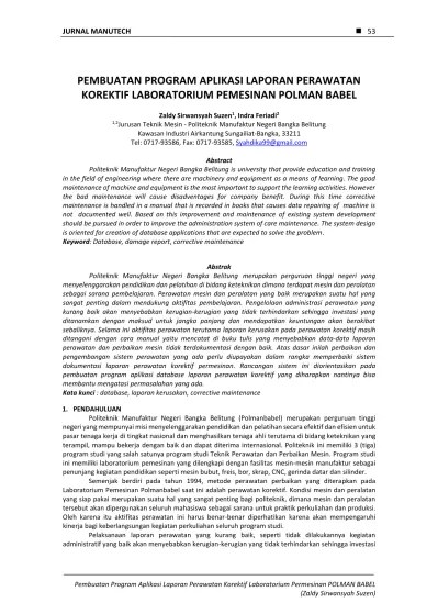 Untuk tulisan / judul laporan pada cover laporan ini bisa di edit menggunakan microsoft word. Pembuatan Program Aplikasi Laporan Perawatan Korektif Laboratorium Pemesinan Polman Babel