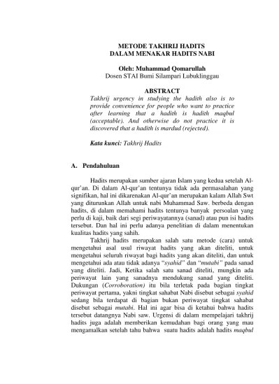Menurut kbbi, kata pengantar adalah kata pendahuluan atau pandangan umum secara singkat dan jelas sebagai pendahuluan suatu karya tulis. Top Pdf Metode Takhrij Hadits Dalam Menakar Hadits Nabi 123dok Com