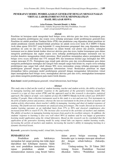 · pembelajaran generatif merupakan suatu model pembelajaran . Penerapan Model Pembelajaran Generatif Dengan Menggunakan Virtual Laboratorium Untuk Meningkatkan Hasil Belajar Siswa