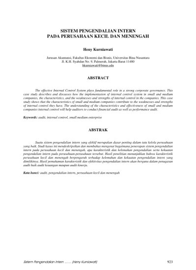 Dalam perusahaan besar pasti ada banyak orang yang akan bekerja dan terlibat secara langsung di dalamnya. Top Pdf Sistem Pengendalian Intern Pada Perusahaan Kecil Dan Menengah 123dok Com