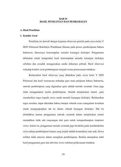 5) guru menguji pemahaman siswa tentang membuat bacaan untuk melanjutkan. Bab Iv Hasil Penelitian Dan Pembahasan Dilakukan Untuk Mengetahui Hasil Keterampilan Menulis Karangan Deskripsi