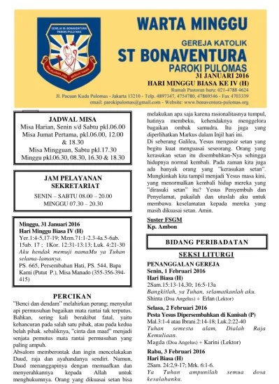 02 januari, bacaan, bacaan kitab suci hari ini, injil hari ini, komsos . 31 Januari 2016 Hari Minggu Biasa Ke Iv H