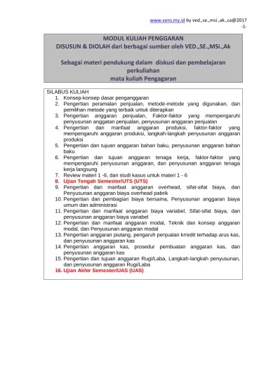 MODUL KULIAH PENGGARAN DISUSUN &amp; DIOLAH dari berbagai sumber oleh  VED.,SE.,MSi.,Ak