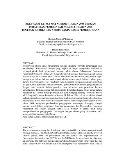 RELEVANSI FATWA MUI NOMOR 4 TAHUN 2005 DENGAN PERATURAN PEMERINTAH NOMOR 61  TAHUN 2014 TENTANG KEBOLEHAN ABORSI JANIN KASUS PEMERKOSAAN
