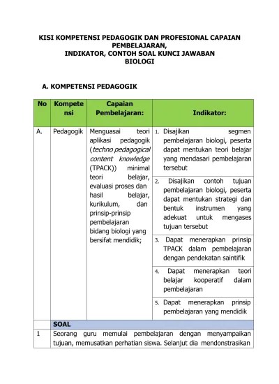 Aplikasi video conferences yang diikuti oleh siswa secara terpisah. Kisi Kompetensi Pedagogik Dan Profesional Capaian Pembelajaran Indikator Contoh Soal Kunci Jawaban Biologi Capaian 1