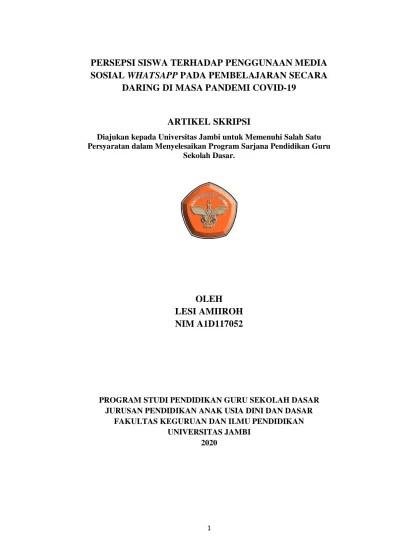 Studi analisis pemanfaatan whatsapp dalam pembelajaran daring akidah akhlak pada siswa madrasah aliyah. Persepsi Siswa Terhadap Penggunaan Media Sosial Whatsapp Pada Pembelajaran Secara Daring Di Masa Pandemi Covid 19 Artikel Skripsi