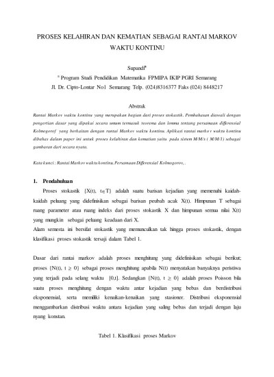 Stokastik atau simulasi deterministik, serta simulasi diskrit atau. Proses Kelahiran Dan Kematian Sebagai Rantai Markov Waktu Kontinu