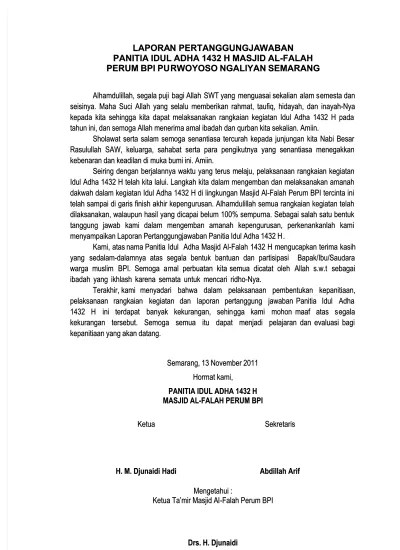 Panitia penyembelihan qurban mushollatul jama'ah rw 04 wiyagan hal : Laporan Pertanggung Jawaban Panitia Shalat Idul Adha Qurban 1433 H 2012 M