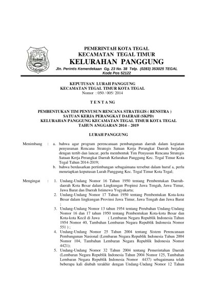 Masyarakat kelurahan (lpmk) dalam perencanaan pembangunan di. Pemerintah Kota Tegal Kecamatan Tegal Timur Kelurahan Panggung Jln Perintis Kemerdekaan Gg 23 No 38 Telp 0283 Tegal Kode Pos 52122
