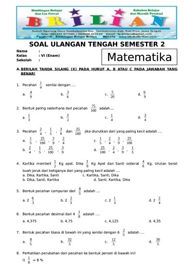 Materi mtk sd/mi kelas 6 semester ii dapat dipelajari selengkapnya di sini : Top Pdf Soal Uts Matematika Kelas 6 Sd Semester 2 Genap Dan Kunci Jawaban Www Bimbelbrilian Com 123dok Com