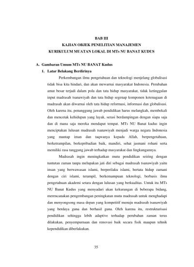 Bab Iii Kajian Objek Penelitian Manajemen Kurikulum Muatan Lokal Di Mts Nu Banat Kudus