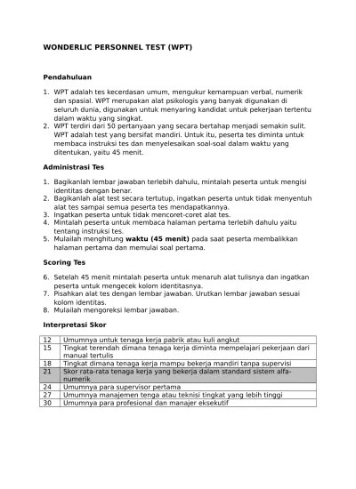 Tes wpt (the wonderlic personnel test) adalah tes skill kognitif umum. Wonderlic Personnel Test Wpt