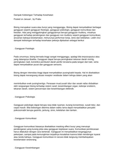 Dampak Kebisingan Terhadap Kesehatan. Posted on Januari, by Prabu