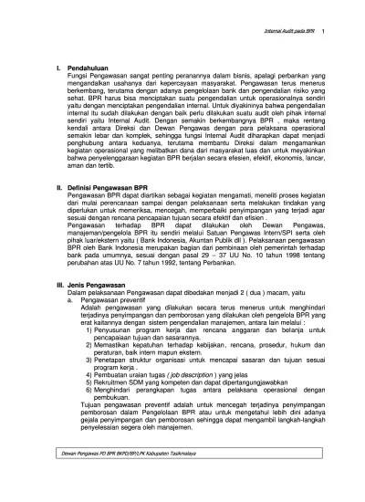 Satuan kerja audit internal (skai). Internal Audit Pada Bpr