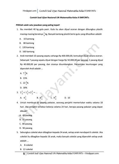 Berikut ini beberapa naskah soal un matematika yang bisa kamu pelajari dan. Top Pdf Contoh Soal Ujian Nasional Un Matematika Kelas 9 Smp Mts Pdf 123dok Com