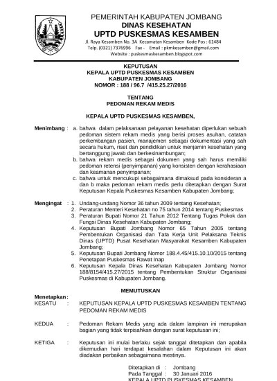 Keputusan direktur rumah sakit umum daerah kota langsa. 8 Sk Pedoman Rekam Medis