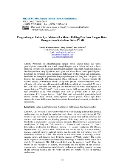 Candra khaulatin dewi(1*), sony irianto(2), . Pengembangan Bahan Ajar Matematika Materi Keliling Dan Luas Bangun Datar Menggunakan Kalkulator Kelas Iv Sd