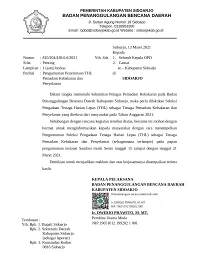 Nah, ikuti contoh surat lamaran pekerjaan yang . Pemerintah Kabupaten Sidoarjo Badan Penanggulangan Bencana Daerah Yth Sdr
