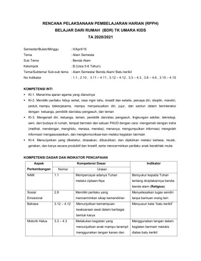 Format penilaian bdr untuk tk guru paud. Rencana Pelaksanaan Pembelajaran Harian Rpph Belajar Dari Rumah Bdr Tk Umara Kids Ta 2020 2021