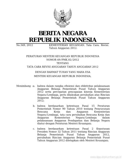 Tata cara revisi anggaran tahun anggaran 2021. Pmk 49 2012 Revisi Dipa 2012
