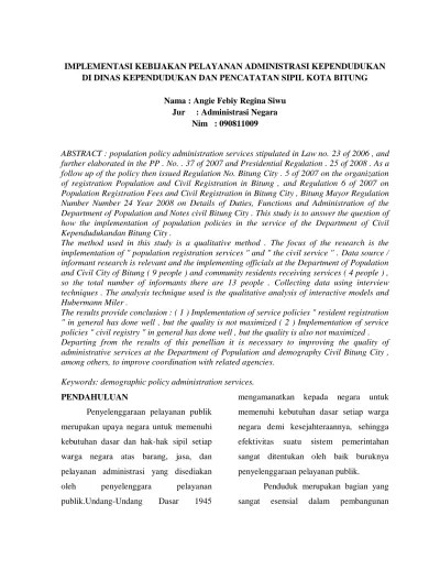 IMPLEMENTASI KEBIJAKAN PELAYANAN ADMINISTRASI KEPENDUDUKAN DI DINAS  KEPENDUDUKAN DAN PENCATATAN SIPIL KOTA BITUNG