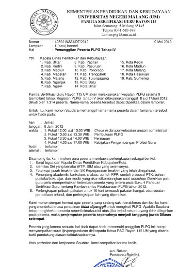 Pimpinan daerah aisyiyah kabupaten pasuruan sekretariat : Nomor 4259 Un32 I Dt Mei 2012 Lampiran 1 Satu Bendel Hal Pemanggilan Peserta Plpg Tahap Iv