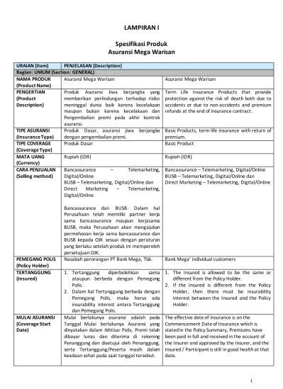 LAMPIRAN I. Spesifikasi Produk Asuransi Mega Warisan