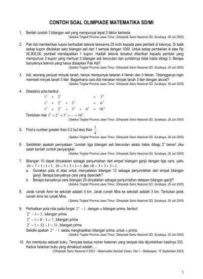 Buku kumpulan soal dan pembahasan olimpiade matematika sd jilid 1, rp62.000. Pembahasan Contoh Soal Olimpiade Matematika Sd Marfuah S Si M T
