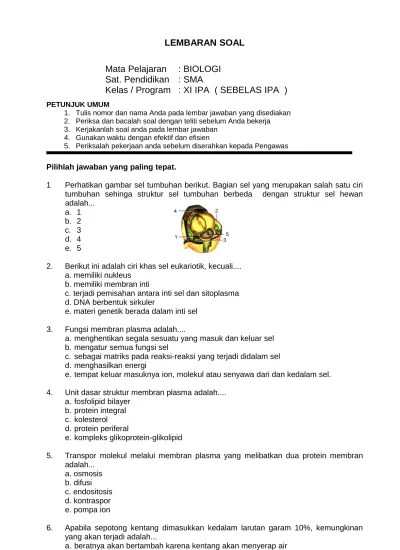 2 teori sel yang dikemukakan oleh. Lembaran Soal Mata Pelajaran Biologi Sat Pendidikan Sma Kelas Program Xi Ipa Sebelas Ipa
