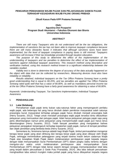 Hasil dari penelitian ini adalah pertama, penerapan sanksi pajak di kpp pratama pamekasan hanya diberlakukan pada wajib pajak . Prinsip Keadilan Dalam Pemungutan Pajak Untuk Wajib Pajak Orang Pribadi Terhadap Sanksi Pajak Pada Kpp Pratama Tangerang Serpong