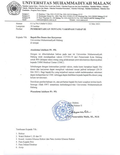 Surveilence akreditasi untuk program studi profesi apoteker fakultas farmasi ums. Daftar Peserta Vaksinasi Tahap Iii Universitas Muhammadiyah Malang Tanggal 20 Mei No Nama Unit Kerja Hari Tanggal Jam