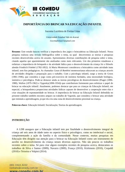 Jogo, brinquedo, brincadeira e a educação by kishimoto tizuko m. Importancia Do Brincar Na Educacao Infantil