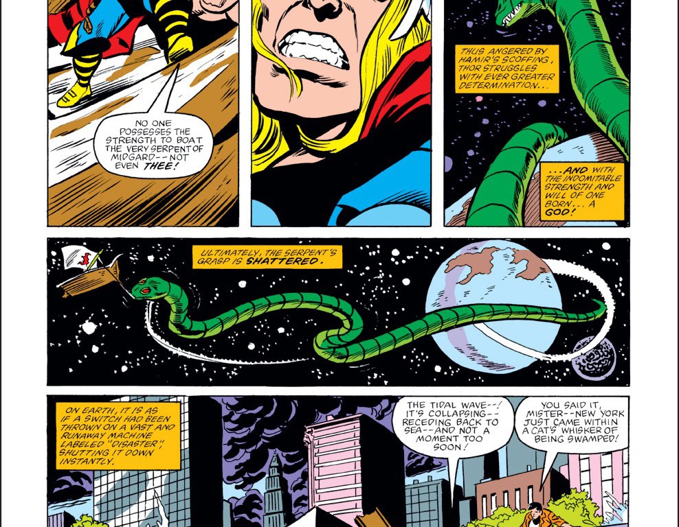 In 'Thor #327', Thor lifts the Midgard Serpent with a bait, uncoiling from the Earth.