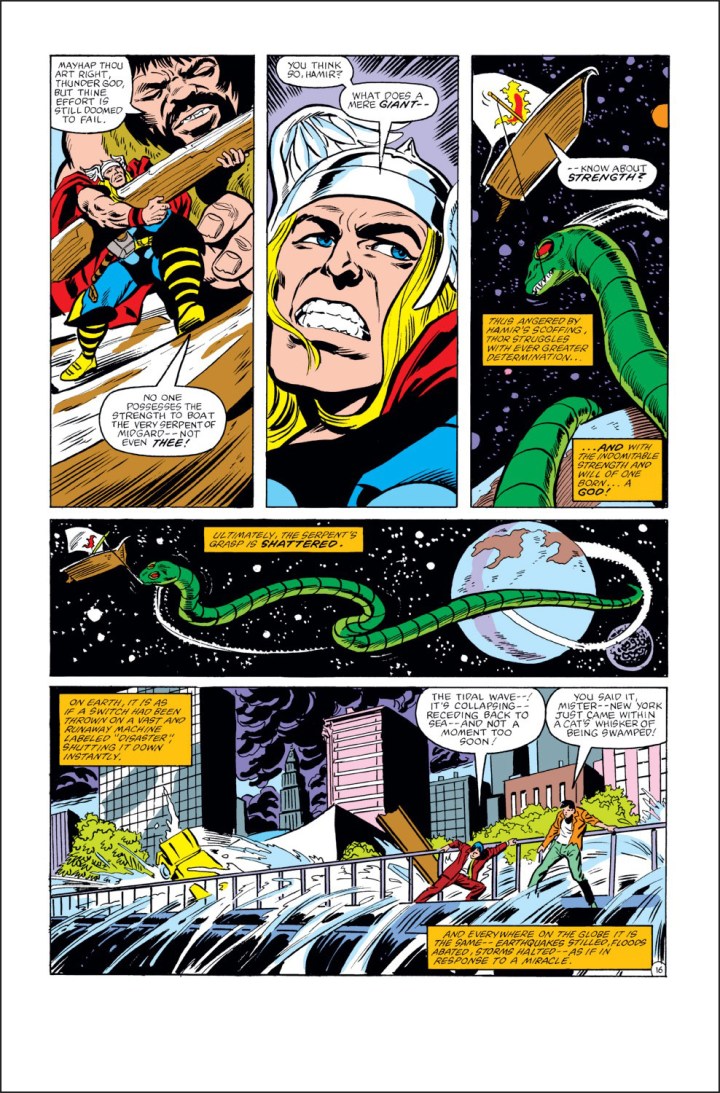 In 'Thor #327', Thor lifts the Midgard Serpent with a bait, uncoiling from the Earth.