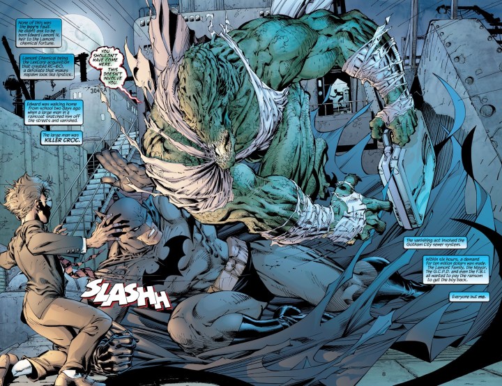 In 'Batman' (2002) #608, Batman has to fight Killer Croc in order to save Edward Lamont IV and recover the ransom money.